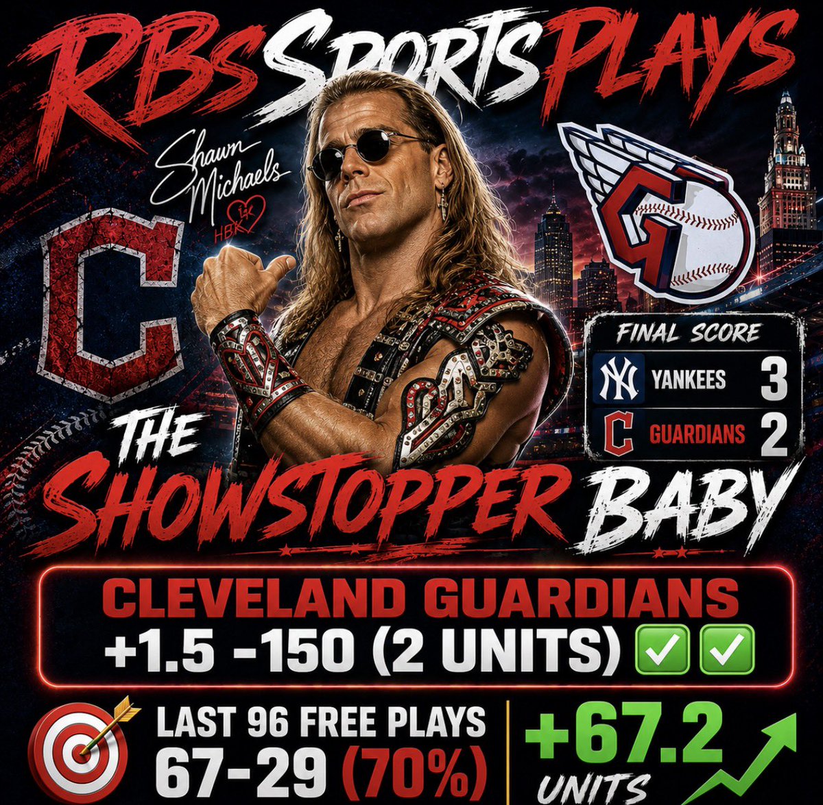 RBsSportsPlays's tweet photo. BOOOOOOOMMMMMMMM

IT’S THEEEE SHOWSTOPPER BABYYYY

Cleveland Guardians +1.5 -150 (2 Units)✅✅

Last 96 Free Plays 67-29 (70%) +67.2 Units

WHO DANCED WITH RB 🕺🏻 https://t.co/Qzsj5AAuaS