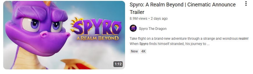 PodcastNow23's tweet photo. Spyro A Realm Beyond is about to hit 9 MILLION views on YouTube. Out of ALL these events the biggest trailers I can find is God Of War Laufey at 7 million and Wolverine at 6. Persona, Wolf, Gears of War, ALL Lower. I'm pretty sure Spyro is the most watched. INSANE https://t.co/TKI3YPKB2T