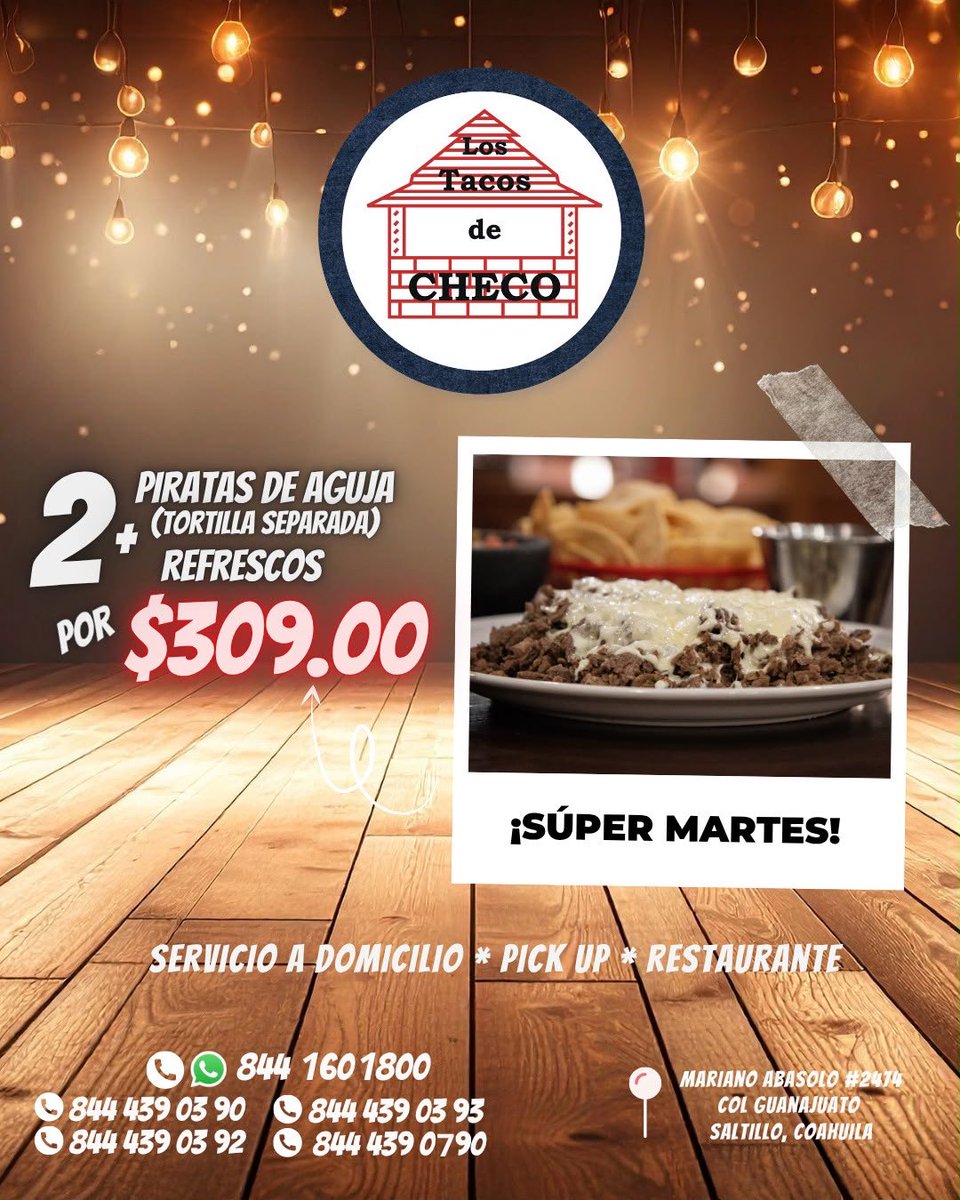 TacosCheco's tweet photo. Hoy #FelizMartes, a partir de las 6:30 p.m. 🕡 pide tu promoción de #SúperMartes con 2 piratas de aguja y 2 refrescos a un súper precio. 🤩

WhatsApp 📲 8441601800

Tenemos #ServicioADomicilio 🚕, #PickUP y #Restaurante. 🍽

¡Les esperamos! 😋

#Saltillo https://t.co/xObiDSXjzh