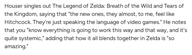GenePark's tweet photo. Ocarina of Time is called the "Citizen Kane" of video games for a reason. Ask Dan Houser, creator of Grand Theft Auto and Red Dead, who says, "Anyone who makes 3D games who says they’ve not borrowed something from Mario or Zelda is lying."

He compares the new games to Hitchcock. https://t.co/biLhEaxlRi