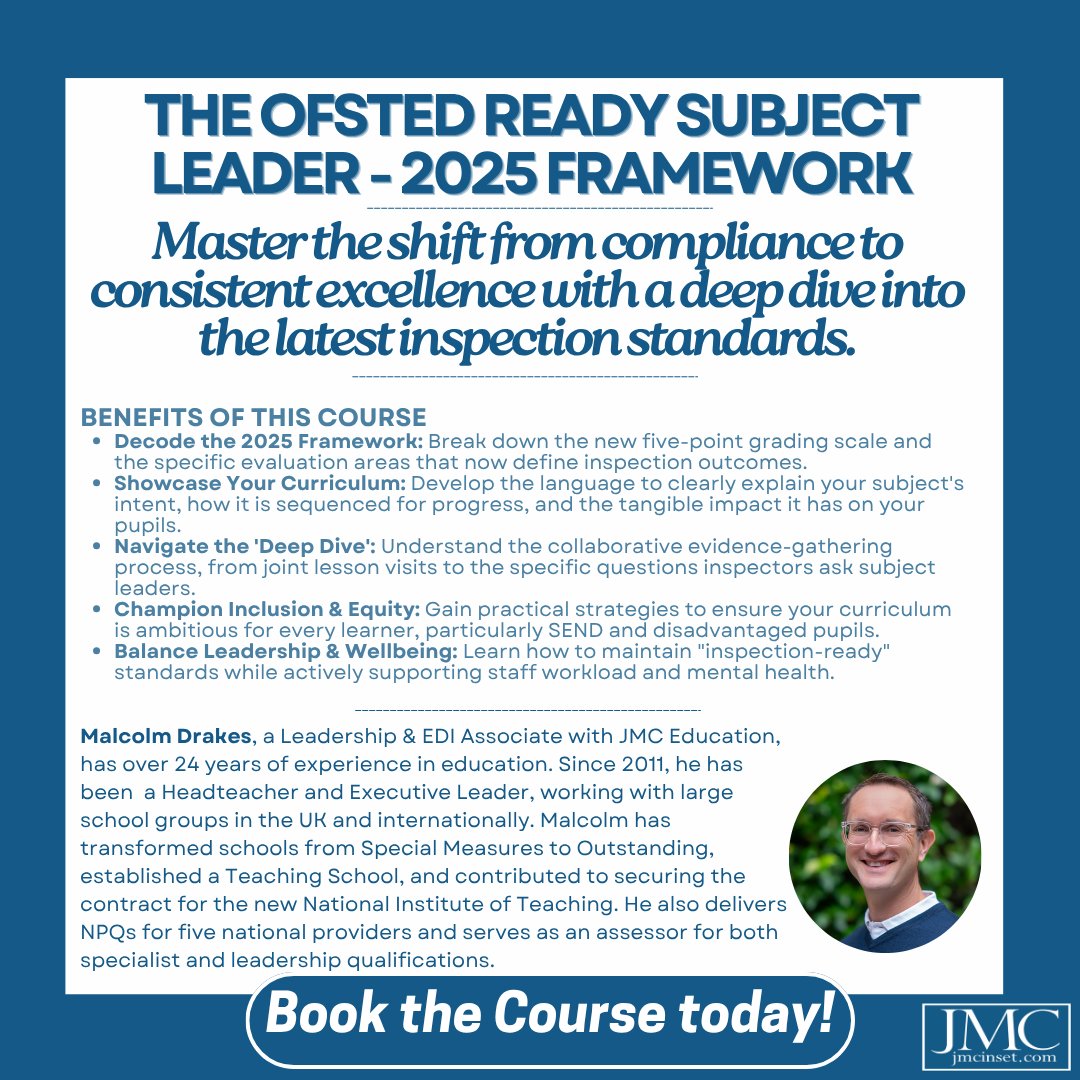 jmcinset's tweet photo. Master the 2025 Ofsted framework with Malcolm Drakes. This webinar provides essential tools for subject leaders to articulate curriculum intent, implementation, and impact with confidence.

📅 30 June, 4-6.30pm
💰 £150 (£50 per additional delegate)
Book: https://t.co/HEdBNpM97O https://t.co/fqVP4Pw7Ii