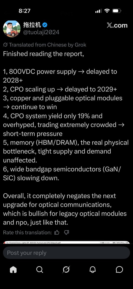 kcna12's tweet photo. Semi Analysis report about CPO yield is hitting only 19% caused panic among photonics names + 800v power supply makers today. Me included as CPO timelines can be pushed to 2029. This story is still evolving. They projected more HBM memory crunch though..

After some digging it turns out near next gen NPO architecture needs almost all photonics names as much except maybe 800v and GaN players. 

Bull thesis is intact for major photonics players: 
$LITE $COHR $AAOI $GLW $LPKF
$AEHR