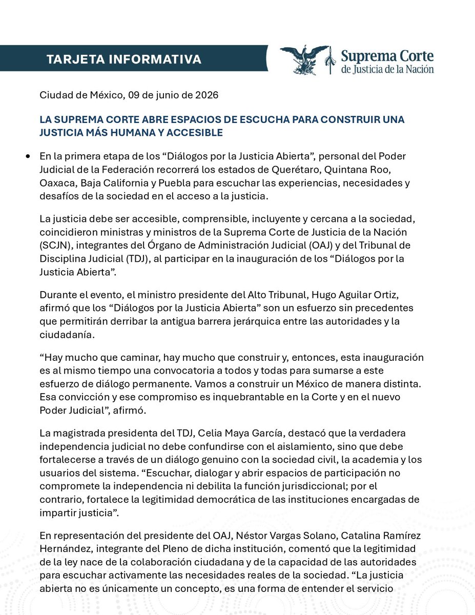 SCJN's tweet photo. Tarjeta Informativa | La #SCJN abre espacios de escucha para acercar la justicia a las personas. Mediante los “Diálogos por la Justicia Abierta”, el Poder Judicial de la Federación recogerá experiencias, necesidades y desafíos de la sociedad para contribuir a una justicia más accesible, cercana y humana.