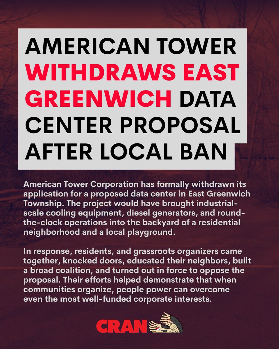 BenDziobek's tweet photo. HUGE WIN: A data center in South Jersey was just officially defeated after months of community organizing!!

This project was in a residential zone just a stones throw away from a playground and people's backyards.   

Another private equity surveillance project stopped!!! https://t.co/lnNpvXptHl