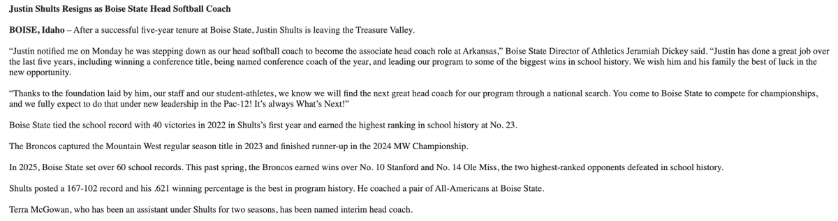 BJRains's tweet photo. NEWS: Boise State softball coach Justin Shults is leaving to become the associate head coach at Arkansas.

His .621 winning percentage in five years is the best in Boise State history. Tied school-record with 40 wins in 2022 and won a Mountain West regular season title in 2023. https://t.co/llbzIkBVeo