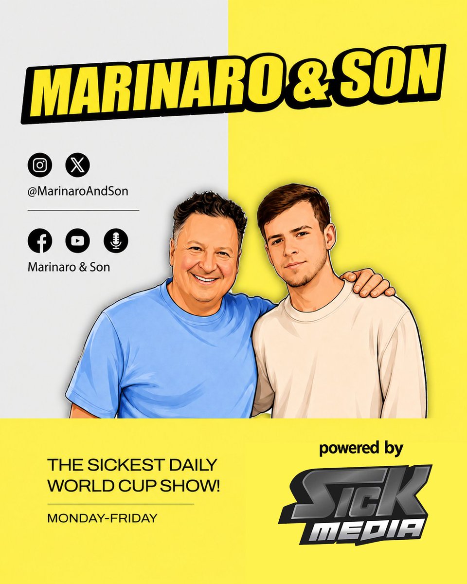 marinaroandson's tweet photo. Two generations. One passion. The Marinaros are teaming up for a once-in-a-lifetime tournament! ⚽️

@marinaroandson - powered by Sick Media is a fast-paced daily World Cup show with @TonyMarinaro &amp; Anthony breaking down the biggest stories, results, and matchups every day.

#sick https://t.co/6Le3OUUWt6