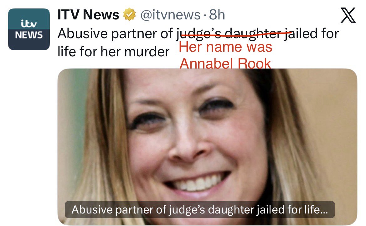 thecrimeanalyst's tweet photo. Annabel Rook was more than a Judge’s daughter and wife. 
This headline doesn’t even name her. Girls and women don’t belong to men.
Also he killed her at the point of separation. It’s a high risk factor for women trying to leave controlling men. 

Clifton George didn’t ’lose control.’ He was TAKING control. It’s called coercive control and correlates significantly with lethality - femicide. It’s why I successfully spearheaded coercive control law reform. Mainstreaming this knowledge changes and saves lives. And do better with these misogynistic headlines for the love of women. 

“On the night of June 16 and 17 last year, Clifton George, argued with his partner Annabel Rook.

"In the course of that argument he punched her, he then tried to strangle her, and then he went to the kitchen to get a knife, he came back with the knife and he stabbed her to death.
"He lost his temper, and in his rage… he murdered Annabel."

@laurarichards99 
#CoerciveControl #AnnabelRook #Femicide #Risk