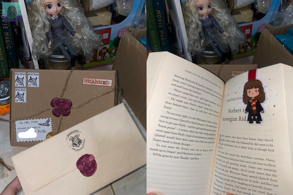 tanyakanrl's tweet photo. “To be loved is to be known” 💚

Dia wrap kado ulang tahun aku pake box yg di decor ala” harry potter + love letter dari hogwarts ceritanya wkwk

Ngga lupa out of nowhere dikasi pembatas buku hermione + bukunya.
Simply karna dia tau aku suka harry potter 😔 https://t.co/Xf4RV84zGy