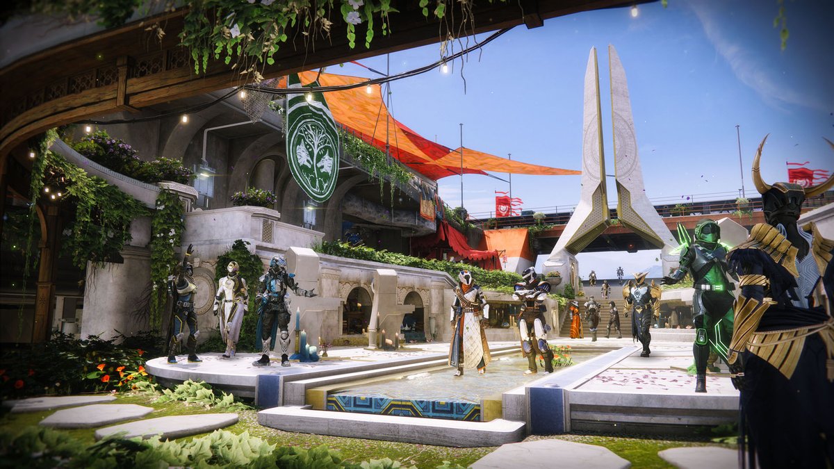 Destiny2Team's tweet photo. Thank you to everyone signing in to join us for Monument of Triumph.  

We've seen quite a few fireteams reuniting, groups memorizing Pantheon patterns to prep for Saturday's gauntlet, and many asking for clues about [REDACTED].

Those nailbiter SRL finishes? And the drip with all this new armor?

What a wild day so far. 

Keep it up.