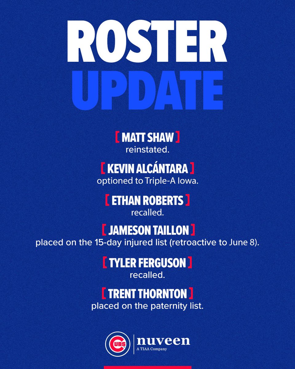 Cubs's tweet photo. Today’s roster moves presented by @NuveenInv: https://t.co/scdOqa1RAj