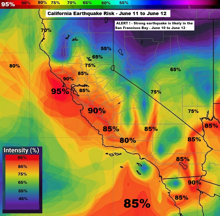 Quakeprediction's tweet photo. WARNING: Strong earthquake is likely in the San Francisco Bay - June 10 to June 12 ! - Please warn friends and family. https://t.co/fRGrAJG0MV