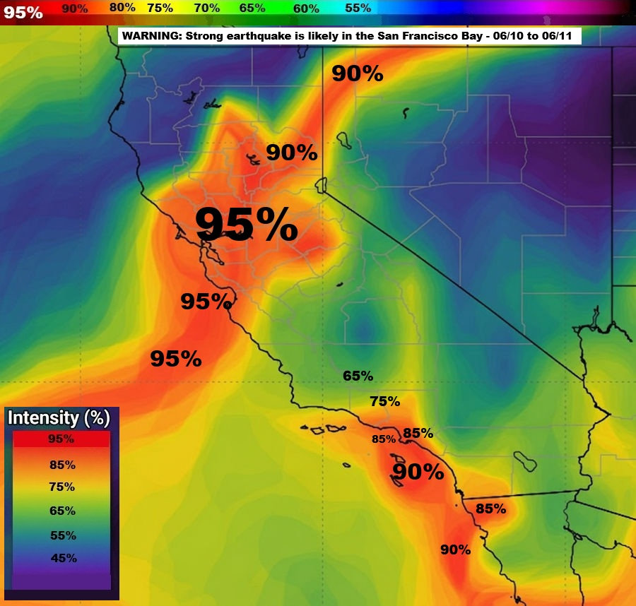 Quakeprediction's tweet photo. WARNING: Strong earthquake is likely in the San Francisco Bay - June 10 to June 12 ! - Please warn friends and family. https://t.co/fRGrAJG0MV
