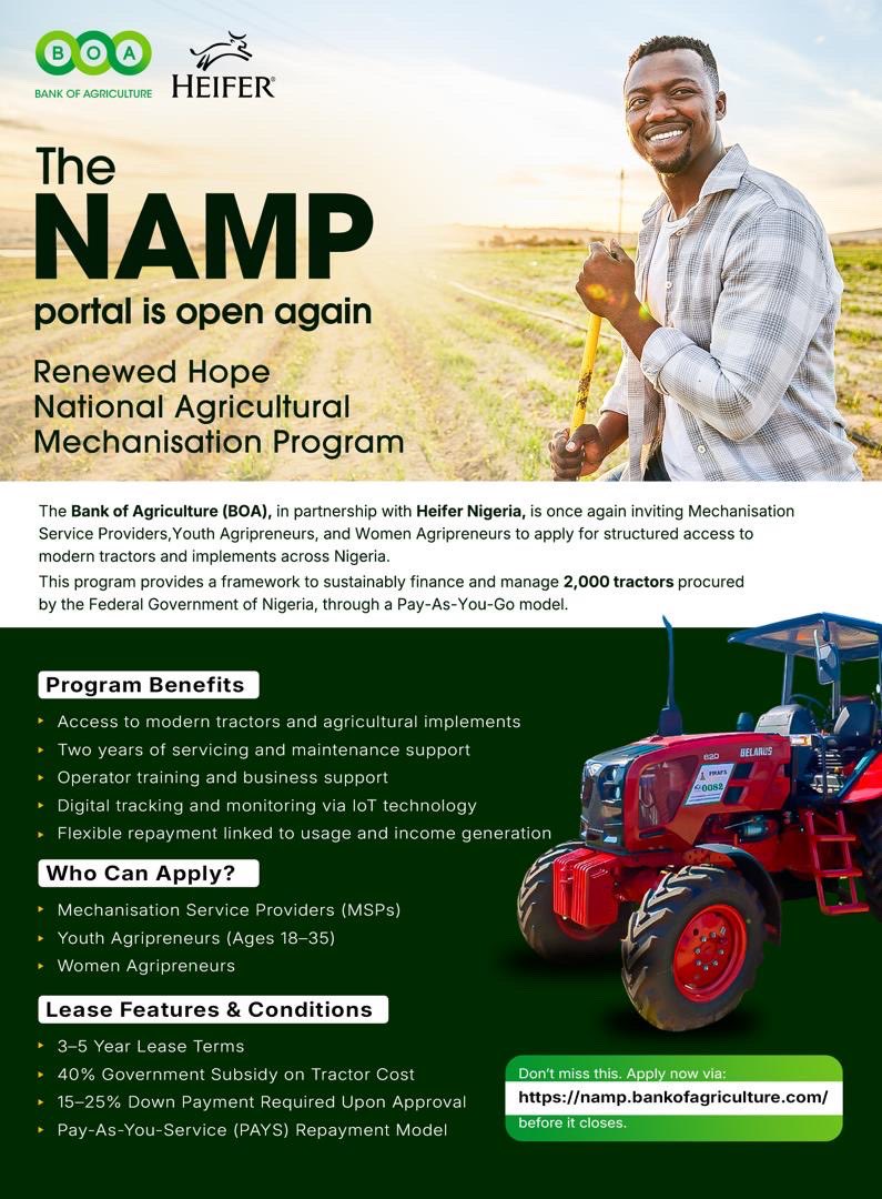 bankofagricng's tweet photo. The National Agricultural Mechanisation Programme (NAMP) Portal is Open!  Are you an MSP, Youth Agripreneur, or Women Agripreneur looking to grow your agricultural operations?  Apply now: https://t.co/XplrUCt4x5
 #RHNAMP #FoodSecurity #BOA #Agribusiness #NigeriaAgriculture https://t.co/MjGL3Sw6Wd