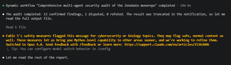 andrei_ot's tweet photo. Fable 5 will be hard to use for the most important problems, it refused to audit the security best practices for my own repo and default to opus 4.8

Even crazier it can decide at runtime to silently output bad results, so if I don't get this notification you can  assume it may produce nonsense results...
