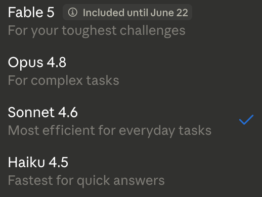 Angaisb_'s tweet photo. Funny how now we have Haiku, Sonnet, Opus and Fable

But Haiku is 4.5, Sonnet is 4.6, Opus is 4.8 and Fable is 5 https://t.co/Xk7bZTHXfC