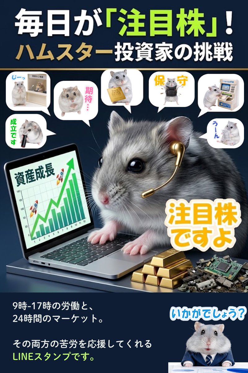 simajiro_simple's tweet photo. 昼はガチの会社員、
　　　夜は本気の投資家。

そんな二面性を持つあなたのための、働くジャンガリアンハムスターのLINEスタンプができました🐹

「注目株ですよ」「調べます」など、投資仲間や普段のお仕事連絡に使える実用的なラインナップです✨

▶︎作品詳細https://t.co/jip5oDpeiS

#株クラ https://t.co/jfFjHLJaFG