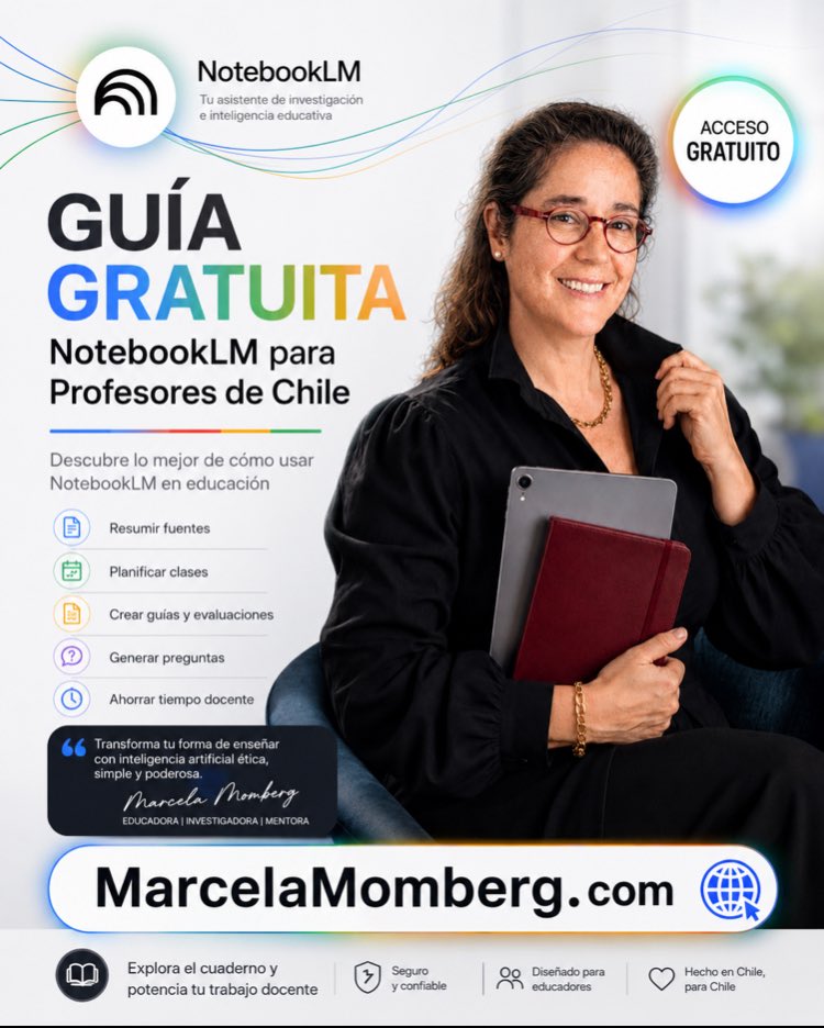 marcelamomberg's tweet photo. MATERIAL GRATUITO PARA DOCENTES: NOTEBOOKLM PARA EDUCADORES MODERNOS

He creado este material de apoyo especialmente para todos los profesores que están participando en mi curso sobre cómo utilizar NotebookLM de manera práctica, estratégica y educativa.

El objetivo es simple: que cada docente pueda aprovechar esta herramienta para ahorrar tiempo, organizar información, crear recursos pedagógicos de mayor calidad y transformar contenidos complejos en materiales claros, útiles y aplicables en el aula.

Este cuaderno reúne orientaciones, ideas y recursos de excelente calidad para comenzar a trabajar con NotebookLM de forma más efectiva.

✅ Acceso gratuito
✅ Material pensado para educadores
✅ Contenido práctico y fácil de utilizar
✅ Ideal para complementar el curso y seguir aprendiendo

📌 Solo deben hacer clic en el enlace y accederán inmediatamente al material gratuito:

🔗 https://t.co/PVhUoc9x9G

La inteligencia artificial no reemplaza el valor del profesor. Pero un docente que sabe utilizarla estratégicamente puede multiplicar su impacto.

#NotebookLM #InteligenciaArtificial #EducaciónDigital #Docentes #InnovaciónEducativa #IAenEducación #Profesores #TransformaciónDigital #EducadoresModernos