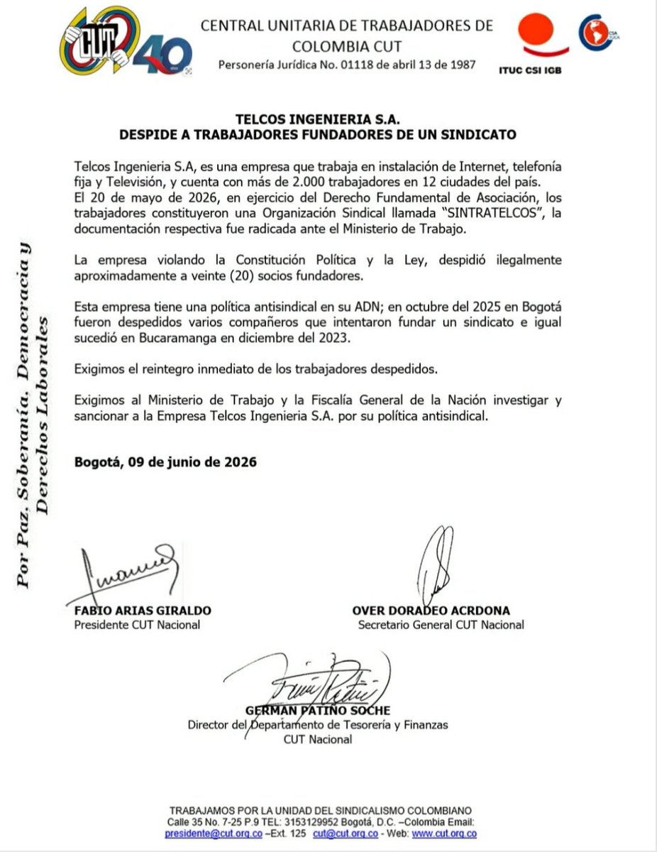 maltescut1's tweet photo. @telcosingeni db reintegrar d forma inmediata a despedidos,pagarle salarios y demás prestaciones
@FiscaliaCol db investigar admon empresa x obstrucción actividad sindical
@MintrabajoCol db investigar a la empresa por violar Constitución política 
@cutcolombia @SintrenalN @ilo https://t.co/KC1WLMr0p9