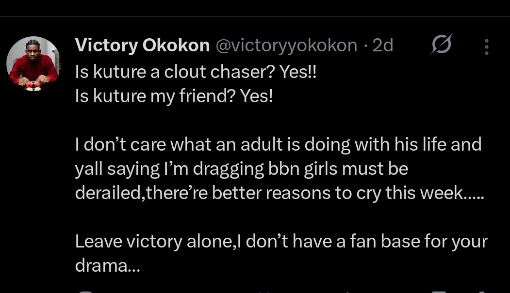 EllasVoice1's tweet photo. Friends indeed!!! 

Kulture and Victory should just wrap it up

#Bbnaija https://t.co/DlhK1Nw2tR