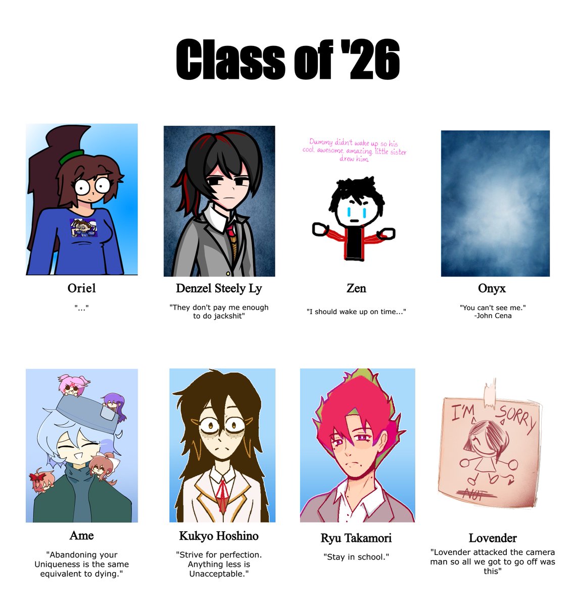 Storyteller_x3's tweet photo. Wow, how many students were in this class anyway?

Thanks for your submissions @ori_ori02 , @SteelBrickVII , @AfroZer0 , @OnyxVoyd , @Bean_Centrals , even more by @BlueQuacker , and @Lovender_porple , that wasn't very nice... https://t.co/yu6jGxMUfz