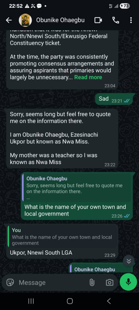 realkenokonkwo's tweet photo. My attention has been drawn to the interview granted to Channels TV and NJENJE MEDIA TV by Obunike Ohaegbu, the NDC House of Representatives aspirant for Nnewi North and South/Ekwusigo Federal Constituency to the effect that he did not tell me directly that Peter Obi said that he should pay N10m to NDC account for nomination fee. I have been laughing since then. In all honesty, I cannot even say everything this man told me about Peter Obi just to preserve the remaining of Peter Obi’s tattered reputation. Indeed, I asked him a question when we were discussing orally, “are you telling me that Peter Obi is the head of this criminal gang that defrauded you people?” He answered “Peter Obi is the head, stomach, and feet of the criminal gang.” As a matter of fact, he pleaded with me to save our people from the criminality of Peter Obi. I told him to put it in writing. His message was so long that he had to apologise for the length. Please tell me, if a person said that Peter Obi was writing list of aspirants in John Wood Hotel, Abuja, who didn’t win election in NDC, to become candidates for NDC, what else is criminality? He even stated clearly that Peter Obi wrote Senator Victor Umeh’s name as a candidate when he lost. He referred to Peter Obi as my friend in some of his allegations against Peter Obi. I asked him to clarify that “my friend” which he wrote was Peter Obi, and he expressly admitted that.

See the WhatsApp messages where he confirmed he was talking about Peter Obi. 

Please see some excerpts as directly stated by Obunike Ohaegbu:

“My brother, The entire NDC project, at least from my personal experience, has left me feeling deceived and profoundly disappointed ... While other states, particularly Kano and several states in the North, appeared to be engaged in negotiations and consultations aimed at achieving consensus, neither I nor, to the best of my knowledge, any aspirant from Anambra State was invited to any meeting for the purpose of negotiating or agreeing a consensus arrangement. Consequently, I mobilised my supporters and participated fully in the primary election process in the belief that the outcome would determine the party’s candidates. This naturally raises a fundamental question. If no consensus meeting was held with the aspirants in Anambra State, and no agreement was reached amongst those seeking nomination, my brother Ken, how did your friend arrive at the list of candidates that he allegedly produced at Johnwood Hotel in Abuja? Consensus, by its very nature, requires consultation, negotiation and agreement amongst stakeholders. Where there is no consultation, no negotiation and no agreement, there can be no consensus. If aspirants were directed to participate in primaries while candidate lists were allegedly being prepared elsewhere, then serious questions arise about the integrity of the entire process. If that is not fraud, then the word fraud must have another meaning ... The list reportedly included individuals who did not emerge from the primary process. Indeed, even Senator Victor Umeh, who reportedly lost his contest, appeared on the list. Yet, as of today, 7 June 2026, the party has still not published the official results of the primaries ... Even more disturbing is the fact that the same statement signed by the National Secretary appeared to shift responsibility for the Anambra situation to PO. I have read the statement several times and remain unable to understand how a political party can conduct primaries, refuse to publish results, claim to have completed appeals, produce a controversial list of candidates, and then seek to place responsibility elsewhere.”
