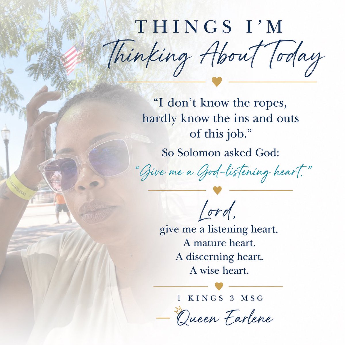 queenearlene's tweet photo. God asked Solomon what he wanted.

He didn’t ask for wealth.
He didn’t ask for power.

He asked for a listening heart.

That’s my prayer today:

Lord, give me a listening heart.
A mature heart.
A discerning heart.
A wise heart.

#QueenEarlene #1Kings3 #Wisdom https://t.co/Da7ZfQGVJq