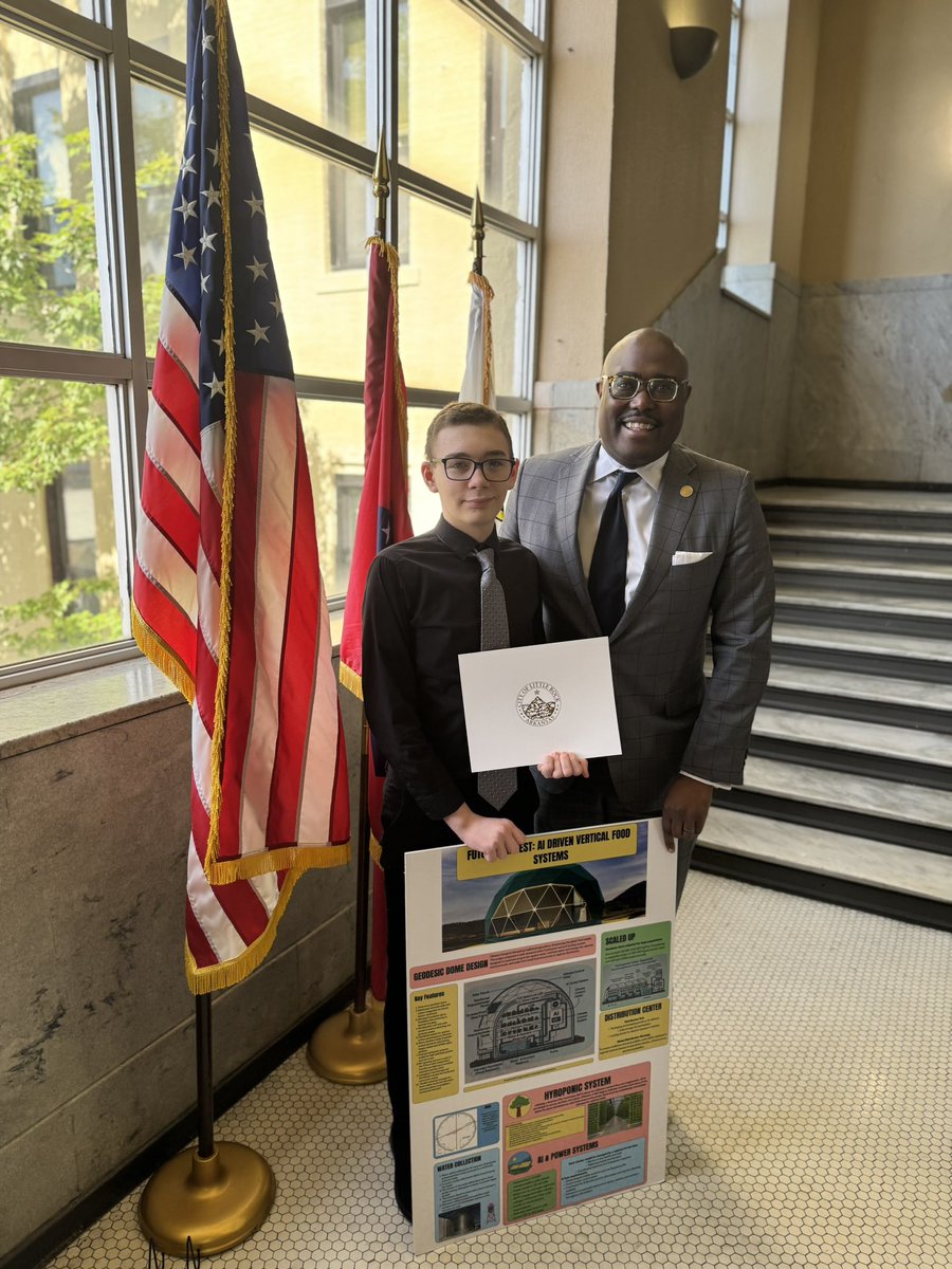 LISAAcademy's tweet photo. From the bolts to the AI code, Aiden designed a disaster-proof, automated food-growing structure! 🤯
Honored today by Mayor Frank Scott Jr., this marks Aiden’s 1st national engineering recognition. Next stop: presenting in Washington DC June 22-27! 🏛️✈️ #STEM #LittleRock https://t.co/cDOqMQP1oW