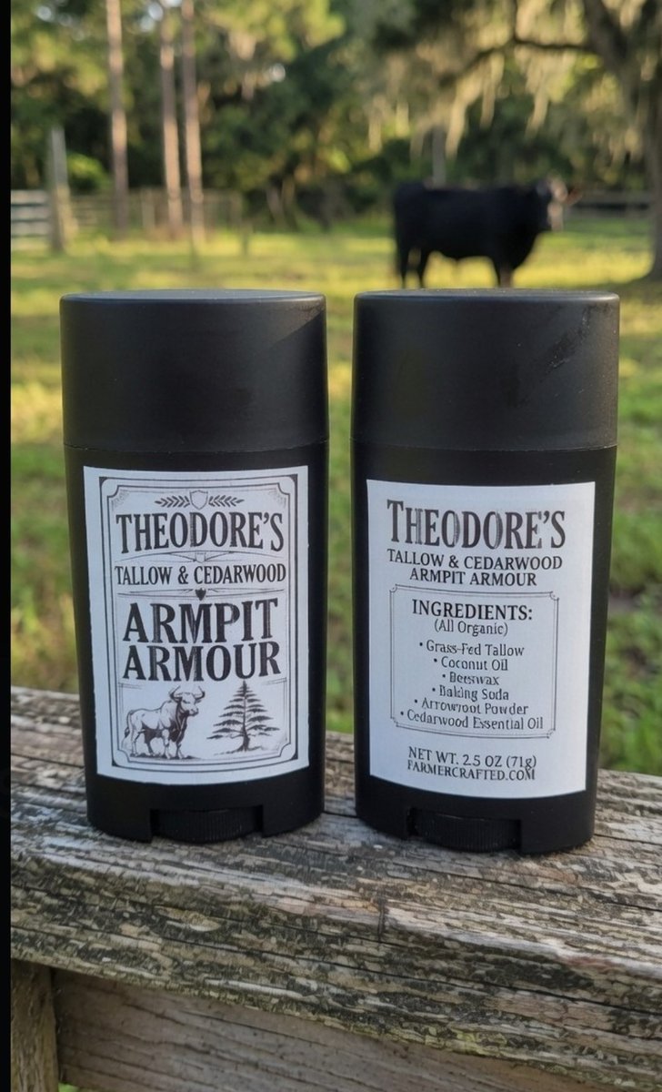 FarmerCrafted's tweet photo. 📢Hello Friends, I have an announcement📢

My son, Teddy, has made a new product for the website! 

He wanted to start making some more masculine products for the menfolk since I don't really have any. 

INTRODUCING:

🐂🌲Theodore's Tallow & Cedarwood Armpit Armour

-organic, tallow-based, no aluminum, no synthetics — just pure, powerful ingredients from nature.

Ingredients & Why They’re In It:

🐮Grass-Fed Tallow – deeply nourishes and moisturizes skin with vitamins and fatty acids 

🥥Coconut Oil – natural antimicrobial properties help fight odor-causing bacteria 

🐝Beeswax – creates a smooth protective barrier and gives the perfect texture 

🤲Baking Soda – effectively neutralizes odors 

🔼Arrowroot Powder – absorbs moisture to keep you dry 

🌲Cedarwood Essential Oil – provides a fresh, woody scent and adds antibacterial support

Handcrafted in small batches to keep your pits protected, fresh, and healthy.

 2.5 oz Available now on our website in the "Body" category.

#NaturalDeodorant #TallowDeodorant #OrganicSkincare #ArmpitArmour #FarmerCrafted
