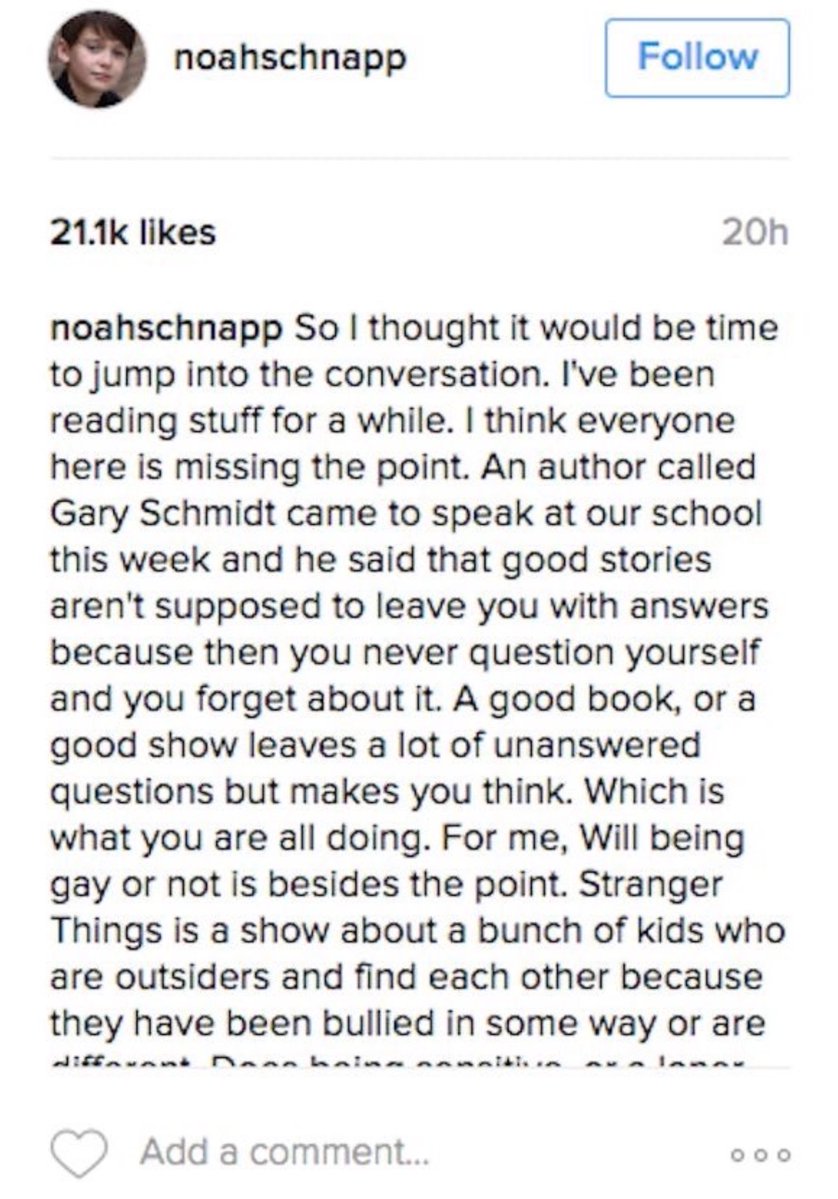 AngelSchnappts's tweet photo. That time when Noah jumped into the debate about Will’s sexuality. Keep in mind, he was only 12 and still closeted himself. 

#NoahSchnapp https://t.co/aNhWGrUVid