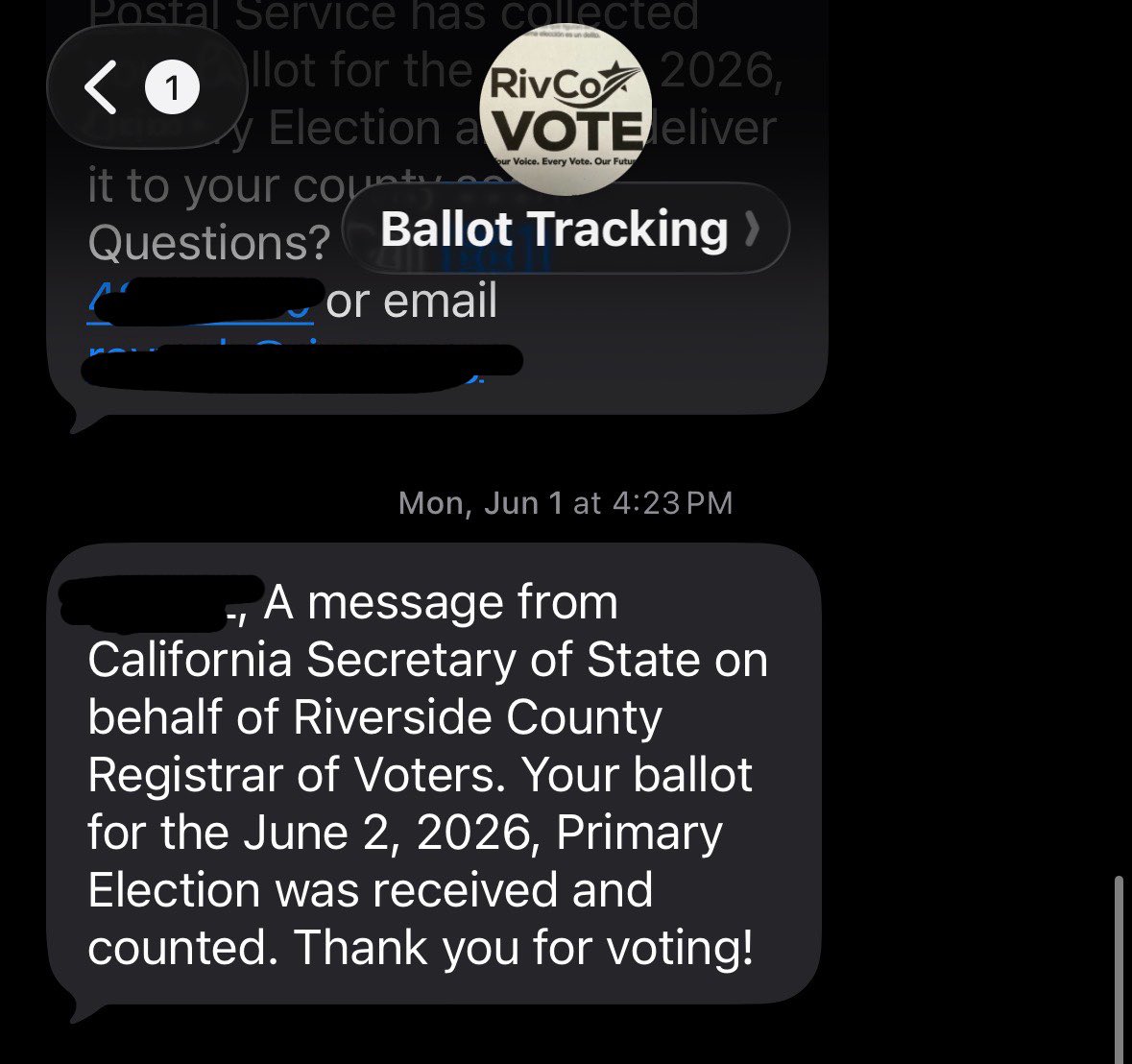 McFiddleStan's tweet photo. @lexiebu I mailed my ballot out on May 29th and received this text four days later. People are ridiculous. https://t.co/HPPoI105LN