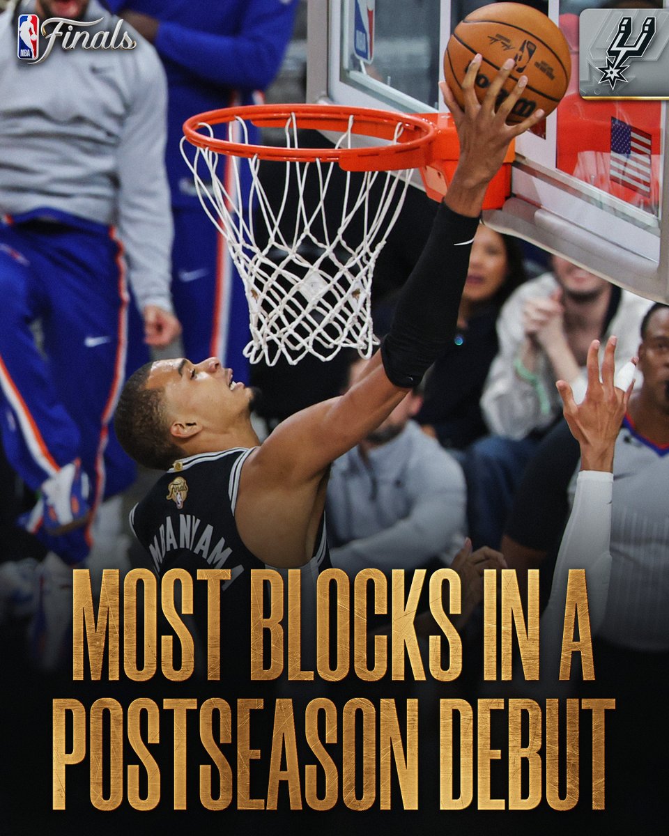 NBA's tweet photo. Victor Wembanyama's 70 blocks this Playoffs are the MOST by a player in his postseason debut (since blocks became official in 1974), surpassing Dikembe Mutombo (69) in 1994!

The Spurs' young star is back in action tomorrow night in Game 4 of the NBA Finals at 8:30pm/et on ABC 🏆 https://t.co/DypaEUgMtQ