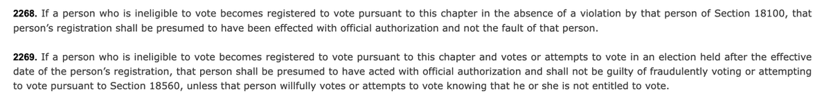 T_Saurus_Lex's tweet photo. @nope__nope__ugh @Curioserrr @Heminator This is in the CA code governing elections: Just pinky swear you didn't know you weren't voting legally, and alakazam! It's not voter fraud!

"But they auto-registered me at the DMV! And then sent me a ballot! I must have been allowed!" https://t.co/2O4tu17lbS