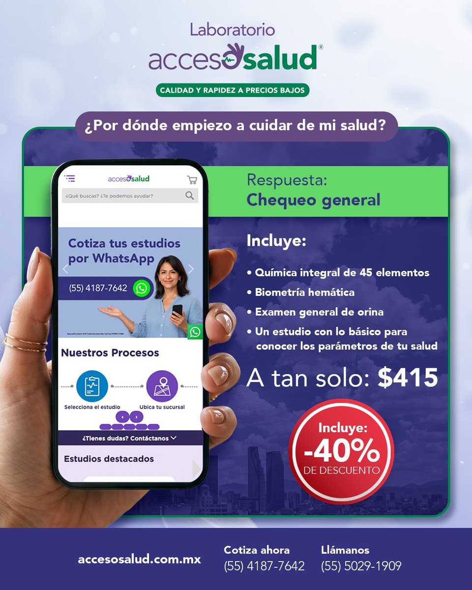 labaccesosalud's tweet photo. ¿No sabes por dónde empezar a cuidar tu salud? Un chequeo general es el primer paso. 👀 Complémentalo con una consulta médica por solo $60 pesos para entender tus resultados. 🫶

📲 Cotiza por WhatsApp: https://t.co/6Nn4AeWKBt

#Salud #Prevención #ChequeoMédico https://t.co/RlnDou9sZv