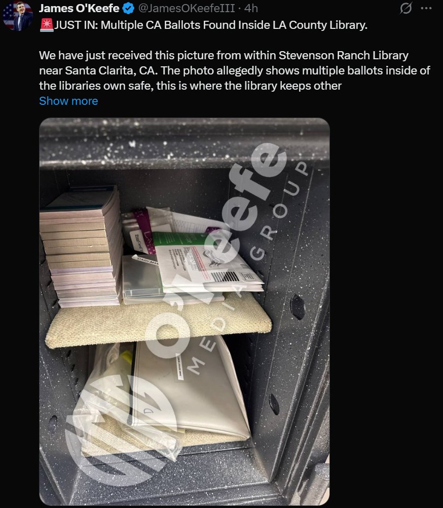 TheSCIF's tweet photo. Whistleblower sends James O'Keefe pictures of multiple CA ballots in a safe inside L.A. County Library.

The fraud and shadiness in California just keeps getting better and better.

How much more do you need to see to understand that our elections are compromised? https://t.co/4LjKmvJyyY