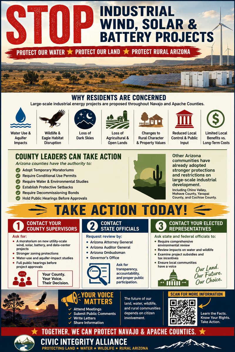 seymoretruths's tweet photo. Navajo County is currently entertaining 18 different renewable energy projects.
If they were to all be approved it would generate 8.6 gigawatts of Power.
Our current Transmission lines can only transmit 1.8 gigawatts of Power.
The math simply does not add up. Which leave the citizens of Navajo County to strongly suspect ulterior motives from the Board of Supervisors.
https://t.co/B1iZDA05qh

March 24, 2026 Real AZ, Chirs Pasters Power Point, page 18, claims of 10 items of “investments” Real AZ brought into the county. 8 of which when, Public Records Requested, the county had no record of Chris Pasters Real AZ Claims. No New Housing Manufactures, No New Developers of 250+ Units, No New 900 job creations, No New Technology & Recreation, No 38 New Companies investing in economic growth. The only growth seems to be the membership fees charged by the County through Real AZ, mostly coming from renewable energy projects, the banks, investors and builders. Chris Pasters also called the Grand Canyon a "Big Dirt Hole". 

The Board of Supervisors also falsely Claims, that they have “No Authority” to Stop these renewable projects, but some how, 5 other Arizona Counties have either completely banned them or have strongly protected their communities and put higher guard rails in place. And that is what they should do. With no legal push back.

Navajo County Board of Supervisors, on the other hand, have deliberately tried to hide public meetings, and have signed NDA’s, (non disclosure agreements) to further our community in believing the Board has ulterior motives. Case in point, last Thursdays meeting, June 4th, 2026, at Art Alliance in Show Low, where Navajo County Manager, Bryan Layton misrepresented the county, by claiming that the Show Low Chamber initiated the meeting, when it was the County that initiated it. & the meeting was NOT properly published.  Navajo County does this so the county can meet it’s quota for public meetings, however they know full well the publics opposition to these renewable and they way are handling it. Hiding them keeps the public out! But this one got leaked…BWTM!
88 angry people showed up to this meeting with less than 24 hr notice, and you would think that it should be a huge indicator of just how much the people of this county strongly oppose what, The Board of Supervisors are doing regarding these antiquated Renewable projects, & rightly so.

The Board of Supervisors, County Staff & Related Officials are in violation of the following  A.R.S. 35-212 - A.R.S. 38-503 -  A.R.S. 38-431 - A.R.S. 39-121 & A.R.S. Title 11
We demand the Board impose an immediate moratorium under ARS 11-833 on all new and pending utility-scale wind, solar, battery, and data-center projects – and ALL pause applications until there are stronger rules protecting the citizen of this county.

We must no longer tolerate secret deals and backroom meetings. Navajo County Board of Supervisors total disregard for the citizens regarding grossly encroaching industrial projects is downright shameful and they should all be recalled!