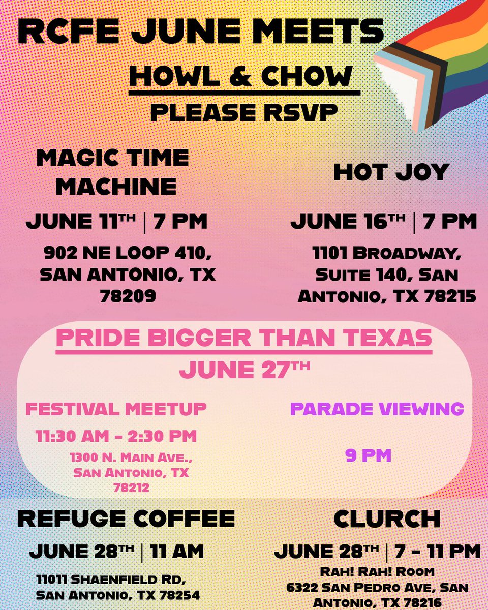 RCFurryEvents's tweet photo. HIYA FUZZY CREATURES!!! 💜💜💜

JUNE is HERE! It's hot, humid, and RAIN IS COMING!

And along with the rain... so are the events in the ALAMO CITY! A LOT of them. Let's get into it!!! San Antonio furries really are thriving!!!

---

⭐ Howl and Chow @ Magic Time Machine
June 11 | 7 PM | 902 NE Loop 410
Our monthly dinner meet, but make it magical. Come eat, hang, and be silly with the crew.
RSVP (please!!!): https://t.co/lf919EyuFv

---

⭐ CHARITY Howl and Chow @ Hot Joy
June 16 | 7 PM | 1101 Broadway Suite 140
BONUS MEET! We're linking up at Hot Joy as part of the SA Food Bank Restaurant Weeks campaign. You eat good food, kids get meals. That's a win-win if we've ever heard one.
RSVP: https://t.co/SX43dQmSkG
Charity info: https://t.co/IWx5RoY3Qj

---

⭐ PRIDE BIGGER THAN TEXAS FURMEET
June 27 | 11:30 AM - 2:30 PM | 1300 N. Main Ave.
We're showing up and showing OUT at Pride Bigger than Texas! Festival admission required -- check the details link. Furry parade happening at 1 PM. Come celebrate!!!
RSVP: https://t.co/lf919EyuFv

---

⭐ Pride Parade Get-Together
June 27 | 9 PM
After the festival, we're watching the parade TOGETHER. Exact viewing spot drops on our socials closer to the date -- stay tuned!

---

⭐ Cafe and Cuddles @ Refuge Coffee + Beer Garden
June 28 | 11 AM | 11011 Shaenfield Rd
Free drop-in with LIVE ANIMALS, zookeepers, vendors, food, coffee, and more. Want hands-on time with the animals? Encounter tickets are $15 and go straight toward supporting them.
Note: Fursuit policy is still TBA -- we're working on it!
Eventbrite: https://t.co/kGfmja66Cv

---

⭐ CLOWN CHURCH (CLURCH) [21+ ONLY]
June 28 | 7 PM - 11 PM | Rah! Rah! Room, 6322 San Pedro Ave
ARE YOU A SILLY BILLY?! Tattoo artists, vendors, clowns, a full bar, live band, AND a full variety show. Vendor hall at 7, show at 8, Powdered Wig Machine closes it out 10-11.
Fursuits and silly costumes are NOT just allowed -- they are ENCOURAGED. Bring your ID!!!
Details: https://t.co/rPYRuAzKyW | POC: @fatfeet420

---

Full event details for everything above:
https://t.co/td8YykyEUW

Channel: https://t.co/i9t5cYmVQE | Group chat: https://t.co/WwNlx1YRTJ | POC: @RCFurryEvents

---

Also!!! We're looking for volunteers and board members. Treasury, advertising, meet coordinators, and more - if you've been thinking about getting involved, now's the time.
Apply: https://t.co/mRhq7gS1hN