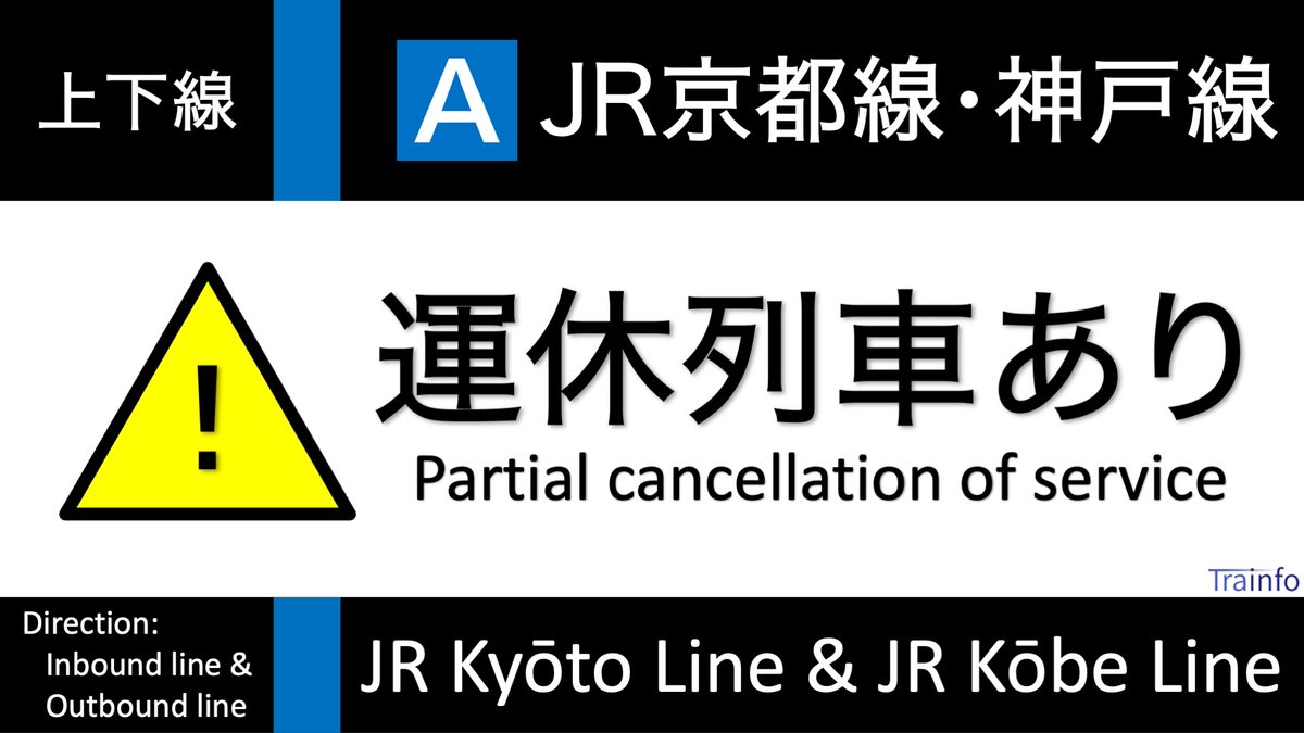 Trainfo_West's tweet photo. 【JR京都線･神戸線 下り線 遅延情報】
JR京都線とJR神戸線は、7:26頃、長岡京～山崎での線路内人立入の影響で、高槻～大阪～姫路の下り･姫路方面行の一部列車に20分以上の遅れと運転変更がでています。上下線で一部列車が運休となっています。 https://t.co/kjGAGIvIlN