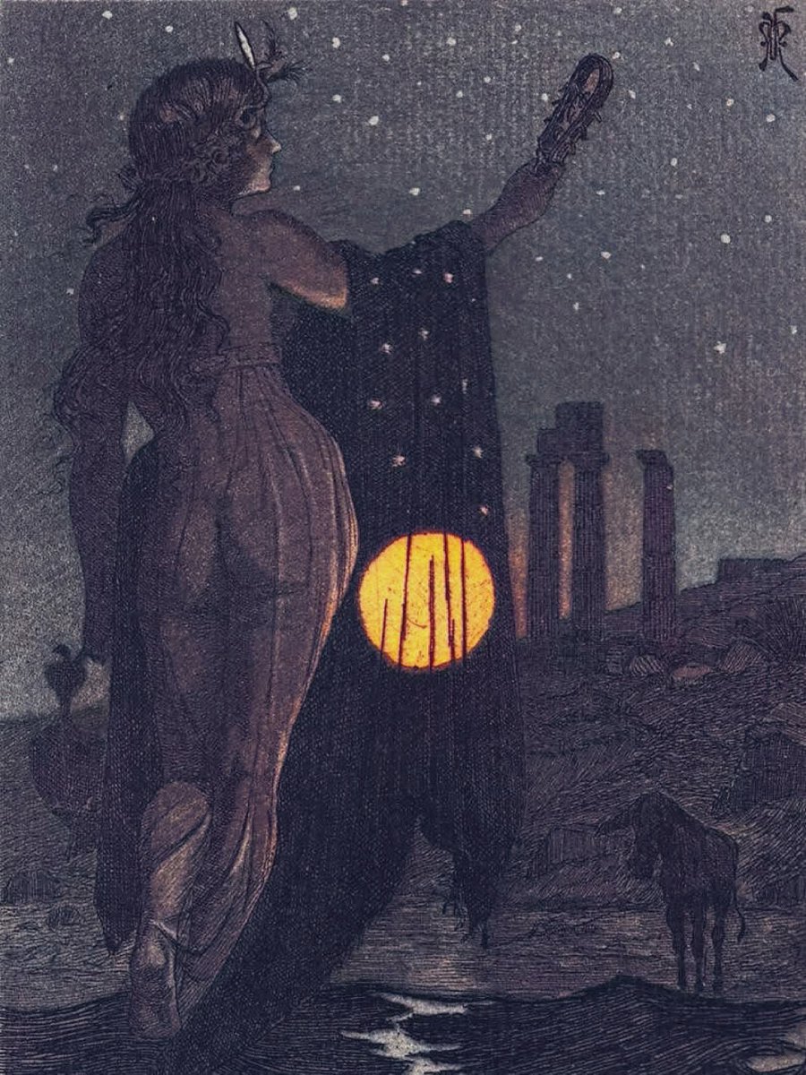 BluebellRaven's tweet photo. In The Metamorphoses, a young Roman named Lucius travels to Thessaly, where his reckless curiosity drives him to experiment with dark magic. Seeking to transform into a bird, a mistaken ingredient instead mutates him into a donkey.

To reverse the curse, he must consume a fresh rose, but before he can, he is captured by bandits. 

Thus begins a harrowing odyssey through the lower stratums of Roman society, during which he endures captivity, witnesses bizarre cult rituals, and hears various local fables.

Ultimately, the goddess Isis takes pity on his degradation and orchestrates his cure via a priestly procession, instigating a restored Lucius to dedicate his life to her sacred mystery cult.

Martin van Maele for The Metamorphoses (1905) by Lucius Apuleius