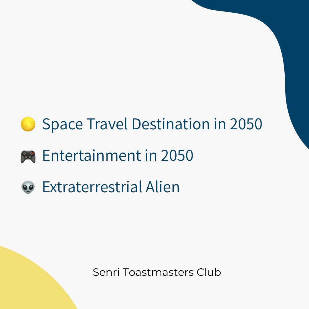SenriTmc's tweet photo. 🌌 Future technology, space travel, and extraterrestrial life…

The Galaxy Question Generator challenged us to imagine the future beyond Earth🚀

Which topic would you choose first? 👽✨
Mady

#SenriToastmastersClub #Toastmasters #TableTopics #ScienceFiction https://t.co/sTek8W7l9I