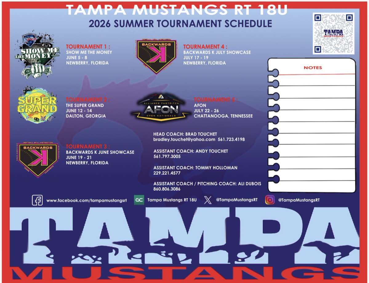 TampaMustangsRT's tweet photo. 2026 Summer Roster - UNCOMMITTED 27s @CMcWaters2027 @Sarahhyland05 @alyodette @miagomez2008 @Lauren_softball  UNCOMMITTED 2028 @CockrellMa10709 https://t.co/3UVL3i5ftr