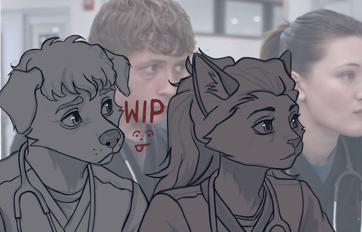 pommepony's tweet photo. sorry for making dennis bald. heres a sneakpeek for a puppy dennis and kitty santos i’ve been working on these last few days 🐕 🐈‍⬛ 

#wip #thepitt https://t.co/63iLznvUwk