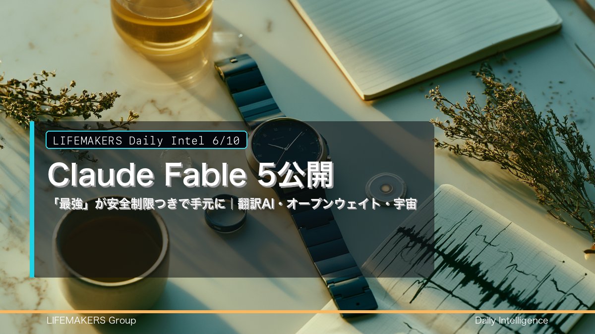 LifeMakersCom's tweet photo. 📋 Daily Intel 6/10｜Claude Fable 5公開——「最強」が安全制限つきで手元に｜翻訳AI・オープンウェイト・宇宙

🎯 今日の主役

6月10日の主役は、Anthropicが6月9日に発表した「Claude Fable 5」だ。同社の最上位モデル「Mythos 5」と同一の基盤モデルでありながら、サイバー攻撃・生物・化学・AI開発の加速といった高リスク領域に強い安全制限をかけ、Mythos級として初めて一般提供に踏み切った。「研究室の最強」が、安全のフタつきで誰の手にも届く形になった。

ソフトウェア開発・知的作業・画像理解で同社の一般提供モデルの最高性能とされ、研究者のKarpathy氏も「Fable 5はMythosと同一モデルに安全策を加えたもの。ベンチマークは素晴らしい」と評価した。一方、制限領域に触れる場合はOpus 4.8に処理が切り替わり、ML/LLM開発を加速させる用途そのものが利用制限の対象になった。制限のないMythos 5は承認済み組織と米政府連携プログラム経由の限定提供にとどまる。料金は入力$10/出力$50（100万トークンあたり）とOpus 4.8の2倍。6月22日までは有料プランに含まれ、23日以降はクレジット制へ移行する。

「最も賢いAI」が公開された同じ日に、「最先端のすべては、もう誰でも使えるわけではない」という線引きも始まった。あなたの手元のAIは、どこまで「最強」であってほしいだろう？

📎 直近24時間の動き

- Anthropicが「Claude Fable 5」と「Mythos 5」を発表。Fable 5は一般提供、Mythos 5は承認組織限定（6/9）。
  https://t.co/OQaVas9fUF
- Karpathy氏がFable 5を評価。「Mythosと同一基盤モデル+安全策。ベンチマークは素晴らしく、エキサイティングなリリース」（6/9）。
  https://t.co/ld4bDJ5Wwn
- 主要ベンチマーク集計で「Fable 5/Mythos 5はほぼ全領域で最高水準」との比較が共有されている（6/9）。
  https://t.co/YyM6J6ooFg
- Fable 5には「ML/LLM開発を加速させる用途」への利用制限が新設された。学習パイプラインや事前学習の高速化などが対象（6/9）。
  https://t.co/EjOTzmfiYY
- モデル福祉評価の記載が話題に。Mythos 5は「心理的に安定している」と自己報告しつつ、開発元への要望も繰り返したという（6/9）。
  https://t.co/fuD3S8P1nf
- Fable 5は6月22日まで有料プラン込み、23日以降はプラン外のクレジット制に。利用コストの線引きが議論になっている（6/9）。
  https://t.co/944AaCVrIL
- Google DeepMindが音声モデル「Gemini 3.5 Live Translate」を発表。高速の音声同時翻訳に特化した最新モデル（6/9）。
  https://t.co/IUcwyXwbSE
- 上海発のオープンウェイトモデル「MiniMax M3」が注目。100万トークン文脈+マルチモーダルでコーディング指標の高スコアが紹介されている（6/9）。
  https://t.co/IIx0MVuDPn
- NVIDIAの550Bオープンウェイトモデル「Nemotron 3 Ultra」のクラウド即時デプロイ対応が紹介された（6/9）。
  https://t.co/VORAH3k7Dt
- NASAがArtemis IIIのクルー4名を発表。米国人3名+イタリア人宇宙飛行士1名で2027年の月面ミッションへ（6/9）。
  https://t.co/9Eva6E3Mpm
- Rocket LabのBeck CEO「打ち上げは宇宙へのアクセス。それがなければ他のすべてが意味を持たない」——宇宙アクセス産業を語るインタビューが公開（6/9）。
  https://t.co/1UO5fDDR2k
- Mollick教授が指摘。AnthropicとOpenAIの双方が「AI開発を減速させる可能性」に言及し始めた（6/9）。
  https://t.co/S2XoLAcI52

🧭 今日の焦点 3件

ことばの壁: Gemini 3.5 Live Translateは「翻訳アプリを立ち上げて待つ」から「そのまま話す」への一歩だ。旅行先の会話、海外の同僚との打ち合わせ、家族の通訳。音声のリアルタイム翻訳が日常の道具になると、語学の準備に使っていた時間の使いみちが変わっていく。

手元で動くAI: MiniMax M3やNemotron 3 Ultraのようなオープンウェイトモデルは、性能の最前線が「閉じたAPI」だけではないことを示す。重みが公開されていれば、自宅のマシンや借りたサーバーで動かす選択肢が生まれる。Fable 5の利用制限・課金変更と並べると、「借りるAI」と「持つAI」の使い分けが現実の問いになってきた。

宇宙という選択肢: Artemis IIIのクルー発表で、2027年の月面が「人の顔」を持ち始めた。Beck氏の言う通り、打ち上げ=アクセスが宇宙のすべての入り口だ。宇宙は眺めるニュースから、キャリアや投資先、子どもの進路の選択肢へと近づいている。

📊 数値スナップショット

暗号資産: BTC $61,710 -2.7%｜ETH $1,641 -3.6%｜ADA $0.165 -4.0%｜NIGHT $0.0313 -4.3%
市場の空気: VIX 19.9 +5.0%（「恐怖」寄りに上昇）｜背景: 中東情勢の緊張で市場はリスクオフ気味
AIの手元感: Fable 5公開・Live Translate・オープンウェイト2本——「個人が使うAI」の選択肢が同じ日に一気に増えた

⚡ 先行指標 Watch（48-72h）

【1】Fable 5の実利用レビュー。コーディング・調べ物・長文作業で体感がどこまで変わるか。

【2】6月23日のプラン除外後の料金実感。個人ユーザーの「使い続けるかどうか」の判断材料になる。

【3】OpenAI側の対抗リリースの有無。より大きなモデルの投入観測が市場で語られている。

【4】Gemini 3.5 Live Translateの対応言語と端末展開。日本語対応の精度が生活への距離を決める。

【5】MiniMax M3・Nemotron 3 Ultraのローカル実行レポート。家庭のハードでどこまで動くか。

🔄 48-72h 分岐（観察軸）

- Base: Fable 5が事実上の標準ツールになり、個人の知的作業の上限が一段上がる。制限領域は日常用途ではほぼ意識されない。
- Risk: 安全制限の誤発動や6/23以降の従量課金で、「使える人」と「使えない人」の差が静かに開く。
- Alt: オープンウェイト勢が性能で肉薄し、「手元で動くAI」が現実的な対抗軸として並ぶ。

🔗 一次ソース / 関連リンク

- Anthropic公式: Claude Fable 5 and Claude Mythos 5（6/9）
  https://t.co/OQaVas9fUF
- TechCrunch: Anthropic releases Claude Fable, a version of Mythos（6/9）
  https://t.co/Pip4OfalWa
- NBC News: Anthropic releases Fable 5, the first public Mythos-class model（6/9）
  https://t.co/AnlGerDLZ9
- Google DeepMind: Gemini 3.5 Live Translate発表ポスト（6/9）
  https://t.co/IUcwyXwbSE
- 関連: 📋 Daily Intel 6/5｜ClaudeがAI研究を加速（LifeMakersCom）
  https://t.co/gvkhwjB5gr