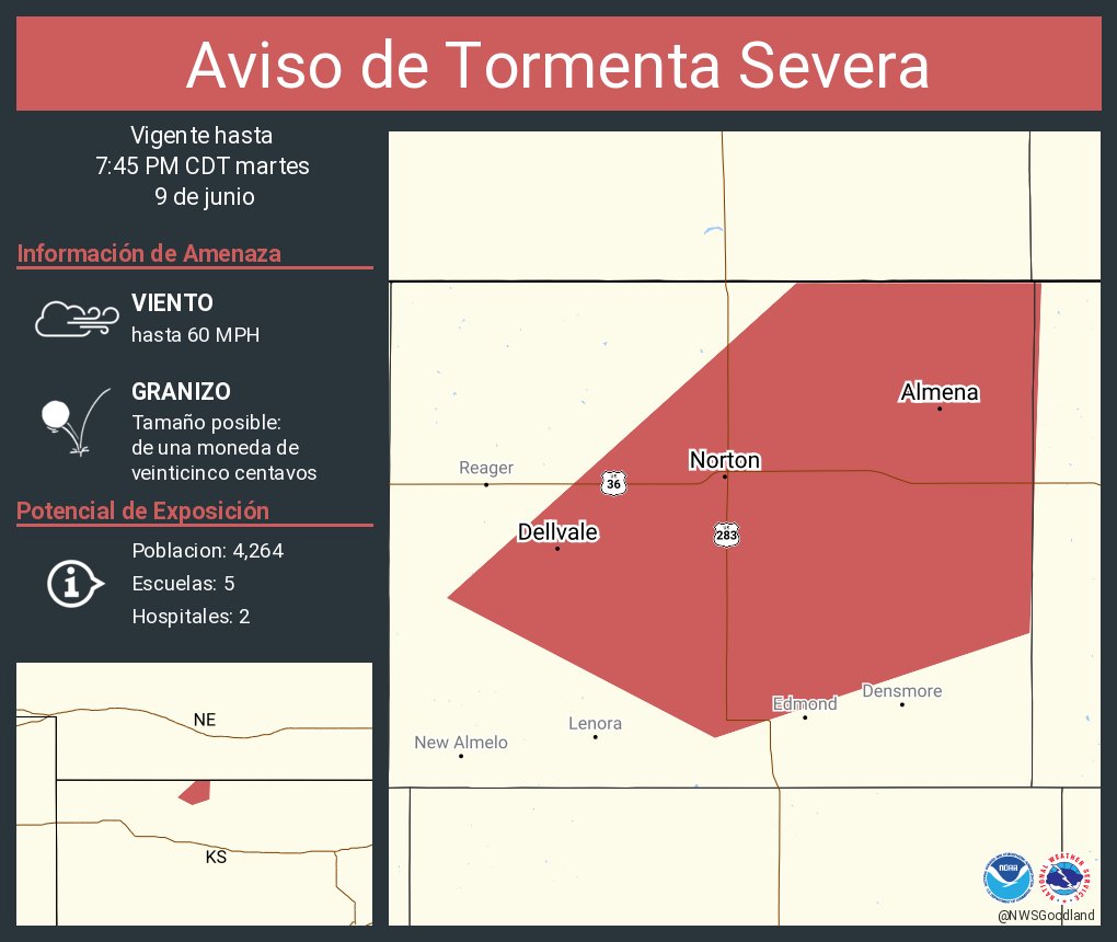 Este gráfico muestra la localización en el mapa de un aviso de tormenta severa. El aviso estará en efecto hasta las 7:45 PM CDT. El aviso incluye a Norton KS, Almena KS, Dellvale KS. El aviso incluye el centro del condado de Norton . Las amenazas asociadas a este aviso son: ráfagas de viento de 60 MPH y granizo del tamaño de una moneda de veinticinco centavos. Hay 4,264 personas bajo este aviso incluyendo 5 escuelas y 2 hospitales.