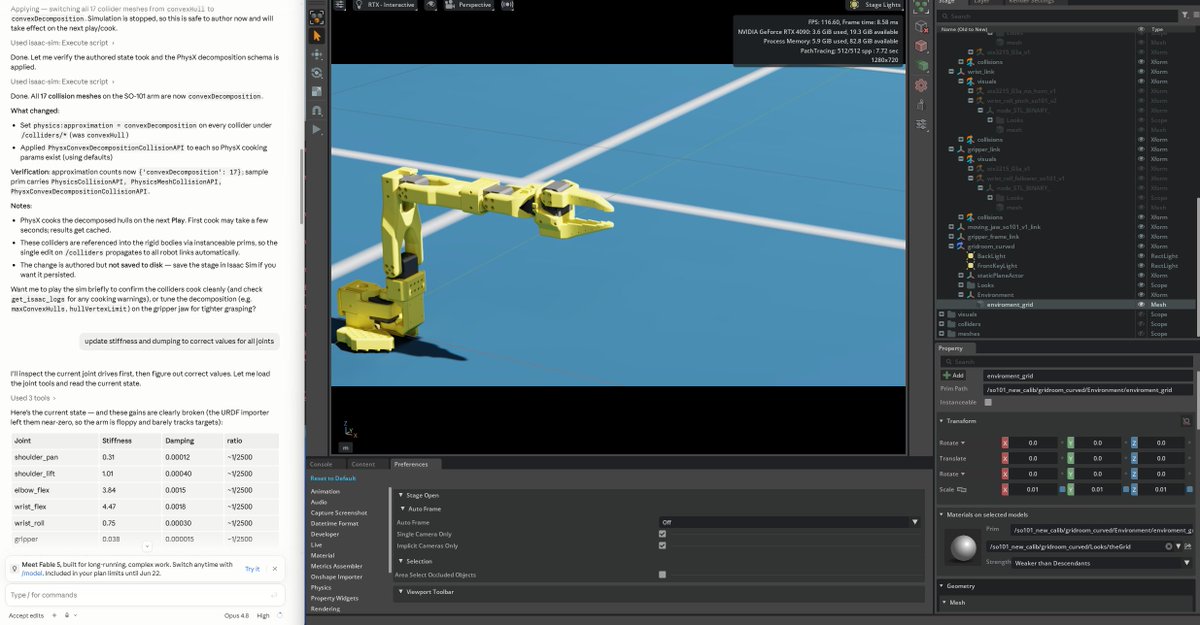 Tyemirov's tweet photo. Connected Claude MCP to Isaac Sim 🤖  The agent now controls the sim natively — collision meshes, joint state, USD prims, PhysX — all via natural language.  Agentic robotics tooling is here.

#IsaacSim #MCP #AIAgents #Robotics #NVIDIA https://t.co/dMu4YMHj16