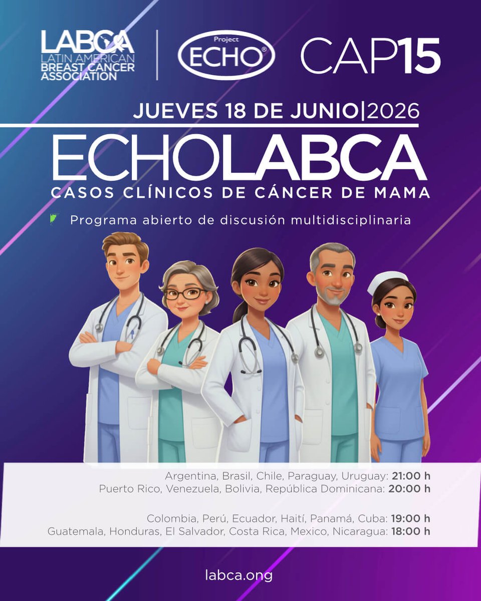 labca_ok's tweet photo. 🧬 ECHO-LABCA Capítulo 15

📅 18 de junio
💻 Programa abierto de discusión multidisciplinaria sobre casos clínicos de cáncer de mama.

INFO:🔗 https://t.co/axqp6ZPC0Z

#LABCA #ECHOLABCA #CancerDeMama #OncologiaMamaria

@dr_FPetracci 
@jcspv
@wilar79 
@DrVictorAcostaM
@Agatharm https://t.co/TeA2rz1z2Q
