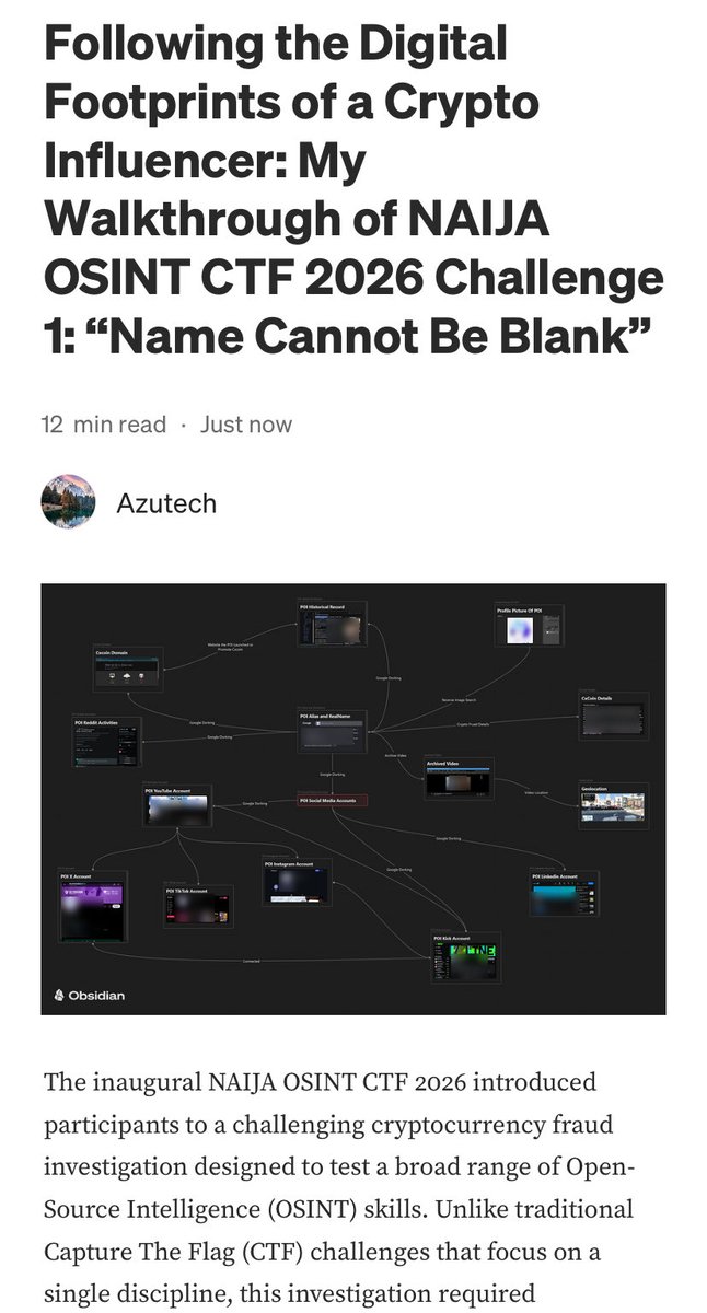 Azutech_'s tweet photo. OSINT Walkthrough: NAIJA OSINT CTF 2026 Challenge 1

Challenge Designed by @d4rk_intel 

This walkthrough explores the investigative process used to uncover, verify, and correlate digital footprints across multiple online sources.

#OSINT #CyberSecurity https://t.co/oT8q1hjTN6