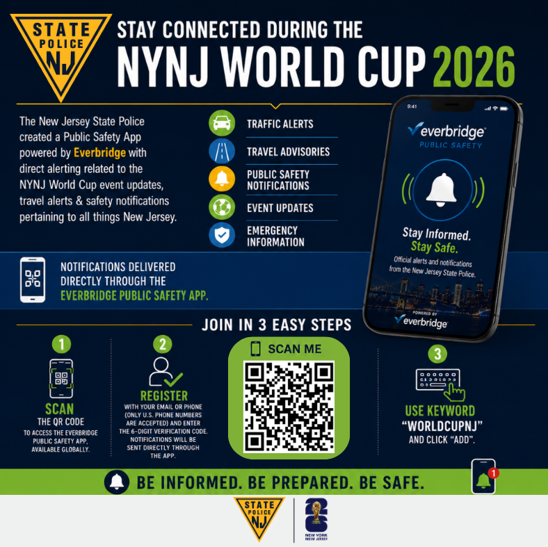 ReadyNJ's tweet photo. For critical FIFA-related updates, transportation information, and real-time public safety alerts in the NY/NJ region, download the New Jersey State Police Public Safety App. Staying informed is an important part of ensuring a safe and enjoyable event experience. https://t.co/jd9lZwNnVc
