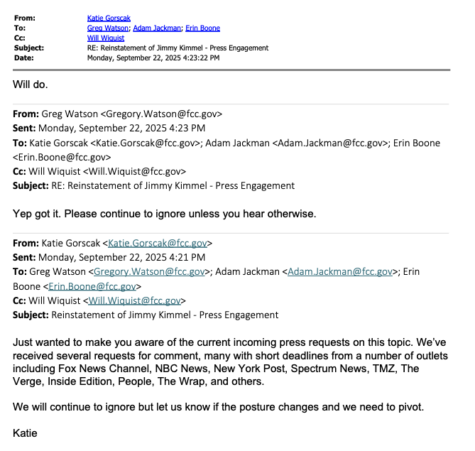 MatthewKeysLive's tweet photo. "We will continue to ignore," the FCC's communications team said after numerous reporters e-mailed the agency with requests for comment after ABC reinstated talk show host Jimmy Kimmel last year.

Okay then. https://t.co/IEmjhKuRUE