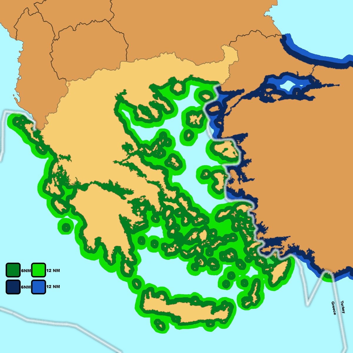 1Demgrec's tweet photo. This is what Greece's 6 Nautical Miles extending to 12 Nautical Miles looks like. 
- Greece extends only within it's own EEZ
- Greece doesn't violate any neighbor's Maritime borders
- Greece follows the International Law https://t.co/fSWecGmudP