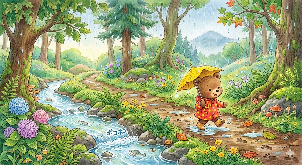 usagi2946's tweet photo. おはようございます☔️

《雨降り熊の子》をイラスト化
あの歌に癒されるゆったり感 https://t.co/rcVs7Kil72